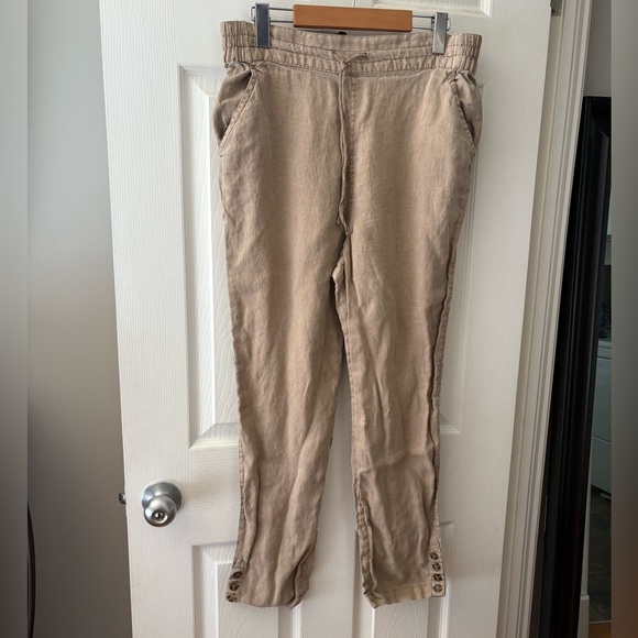 Nicole Miller 100% linen tan pull on pants large ankle buttons drawstring - Picture 1 of 8
